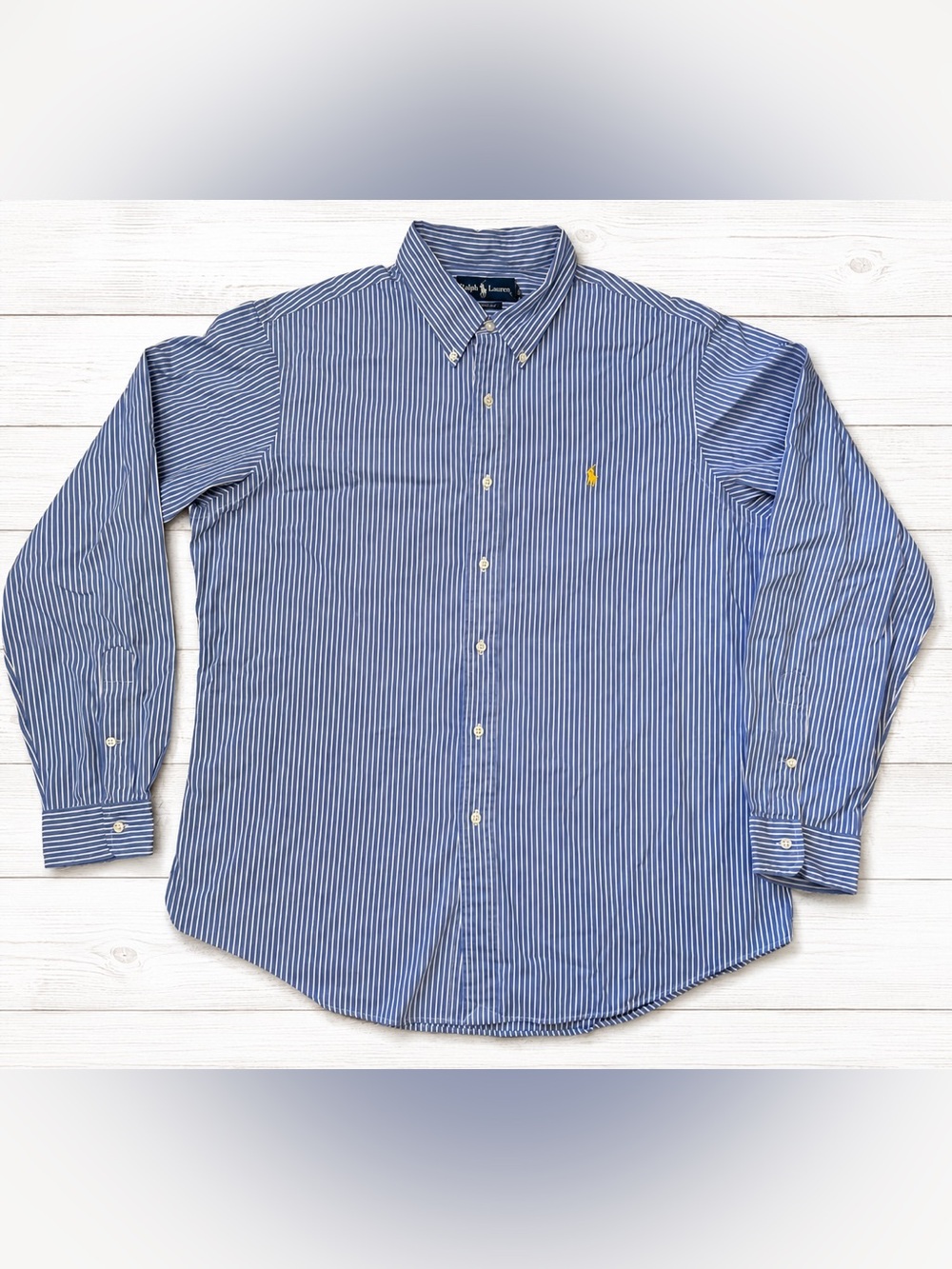Ralph Lauren Custom Fit Blue White Stripe Cotton Button Down Shirt Men’s XL